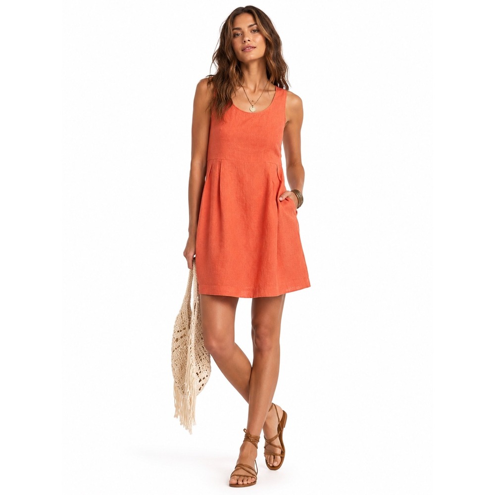J. Jill XS Petite Coral Orange 100% Linen Sleeveless Pleated Shift Dress